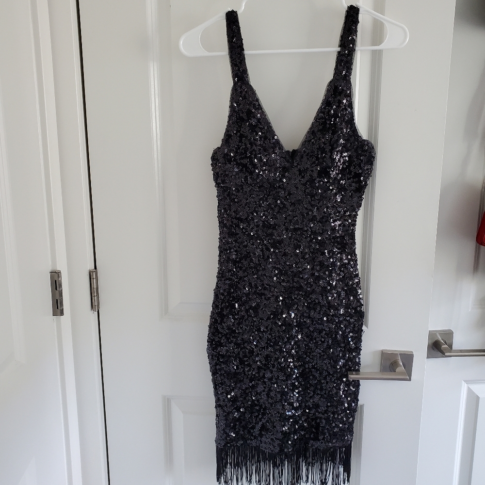 Feeling The Love Black & Gold Diamond Pattern Sequin Fringe Dress